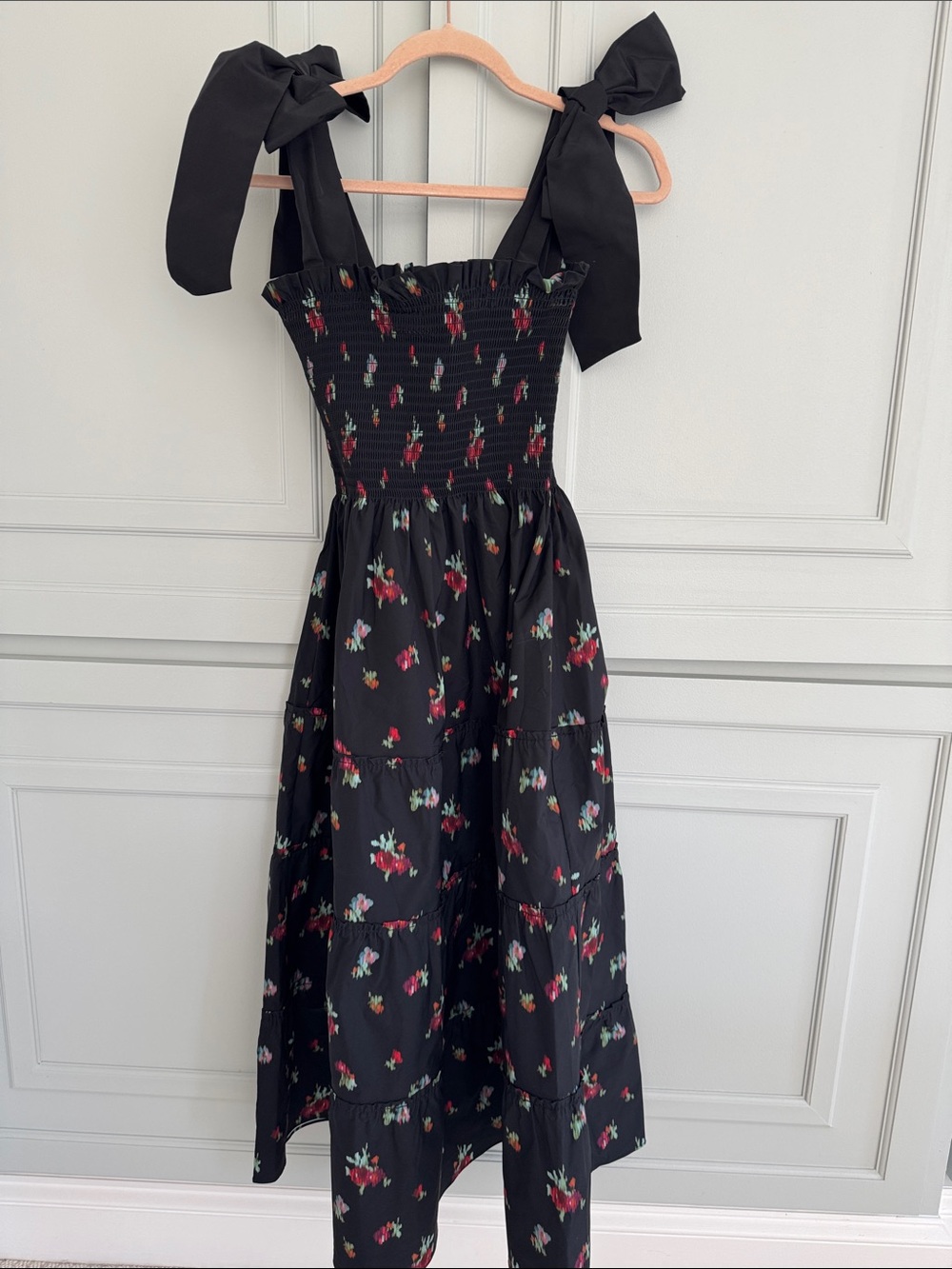 Hill House Ribbon Ellie Black Floral Smocked Midi Dress with Ikat Blooms